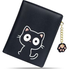 CONISY Cute Wallets for Women, Leather RFID Blocking Small Bifold Wallet with Zipper Coin Purse for Girls and Ladies Womens Wallet (Cat Silver)