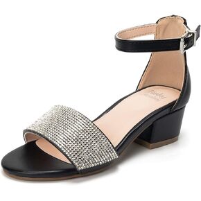 FUNKYMONKEY Girls Low Heels Sandals Open Toes with Ankle Strap Rhinestone Dress Shoes for Kids