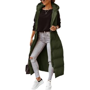 Women's Long Quilted Vest Outerwear Hooded Maxi Length Sleeveless Puffer Vest Full-zip Cotton Padded Coat in Kuwait