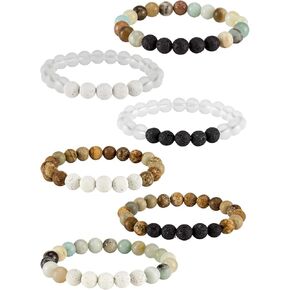 6 Pcs Lava Stone Bead Bracelet, Natural Gemstone Stretchy Bracelets- Aromatherapy Essential Oil Diffuser Healing Chakras Agate Crystal Elastic Lucky Bracelets Christmas gifts