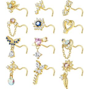 FIBO STEEL 12 PCS 20G Nose Ring Dangle Nose Ring Nose Rings L Shaped Screw Studs Nose Rings Nose Studs For Women Stainless Steel CZ Heart Nose Ring Star Nose Piercing