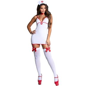 Yandy Sexy Nurse Shot Costume, Featuring a V Neck White, Mini Dress Matching Nurse Headpiece & Garter Straps in Kuwait