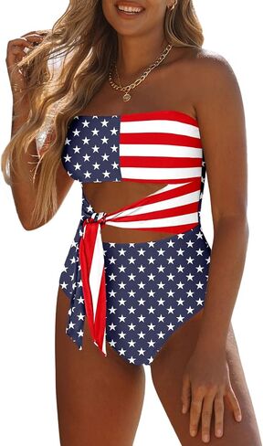 Viottiset Women's Bandeau One Piece Swimsuit Strapless Tie High Cut Out Bathing Suit in Kuwait