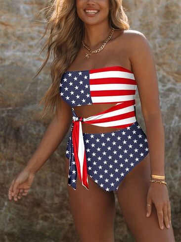 Viottiset Women's Bandeau One Piece Swimsuit Strapless Tie High Cut Out Bathing Suit in Kuwait