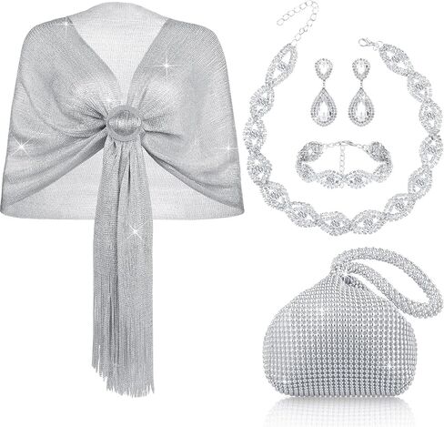 Hicarer 5 Pcs Women Accessories Including Shawls and Wraps, Clutch Purse, Rhinestone Jewelry Sets for Wedding Bridal Party in Kuwait