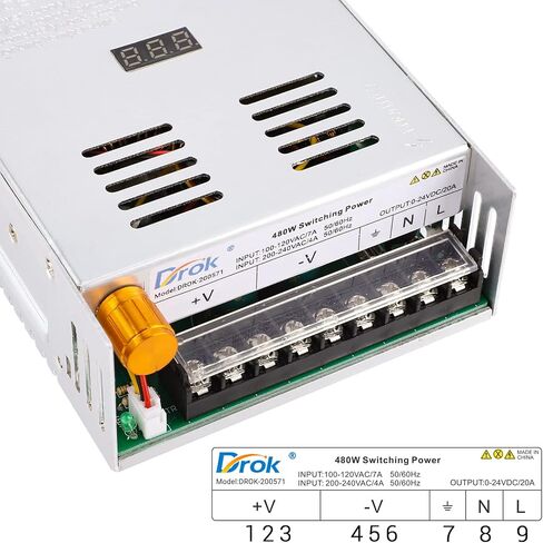 DROK 24V مزود طاقة، تيار متردد 110 فولت/220 فولت إلى تيار مستمر 0-24 فولت 20 أمبير 480 وات محول باك، محول متغير قابل للتعديل منظم 5 فولت 12 فولت 24 فولت فولت تبديل الجهد LED محول 20 أمبير شاحن أمبير لمختبر الكمبيوتر in Kuwait