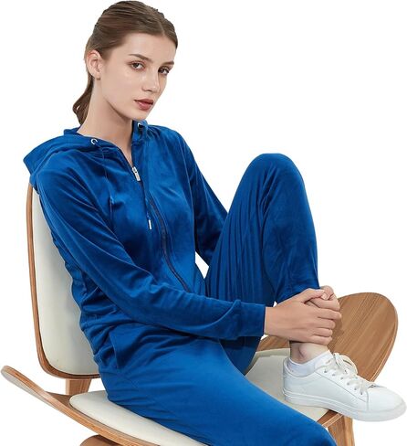 Bobo Bloom Women's 2 Pieces Long Sleeve Velvet Sports Set Hooded Tracksuit Zip Up Outfits Casual Jogging Suit in Kuwait
