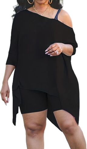 طقم ملابس نسائية من LovelyWholesale مقاس كبير مكون من قطعتين ملابس عصرية مع شورت قصير بكتف واحد أطقم رياضية in Kuwait