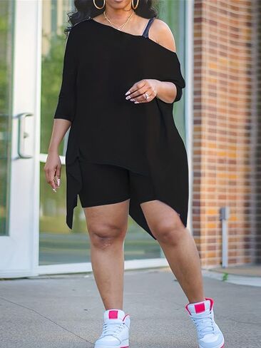 طقم ملابس نسائية من LovelyWholesale مقاس كبير مكون من قطعتين ملابس عصرية مع شورت قصير بكتف واحد أطقم رياضية in Kuwait