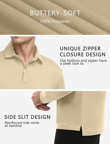 قمصان بولو Hiverlay للرجال بياقة بسحاب وأكمام طويلة وقصيرة قميص جولف كاجوال سريع الجفاف للتنس T Pique UPF 50+ in Kuwait