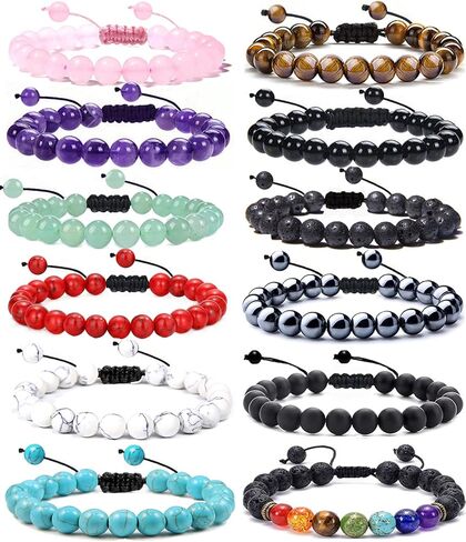 FINZOR 12Pcs 8mm Healing Stone Beads Bracelets for Women Men Semi-precious Gemstone Crystal Beaded Bracelets Lava Rock Tiger Eye Amethyst Chakra Bracelets Unisex Adjustable in Kuwait