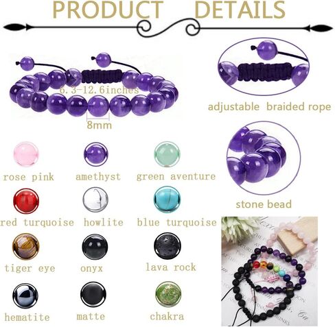 FINZOR 12Pcs 8mm Healing Stone Beads Bracelets for Women Men Semi-precious Gemstone Crystal Beaded Bracelets Lava Rock Tiger Eye Amethyst Chakra Bracelets Unisex Adjustable in Kuwait