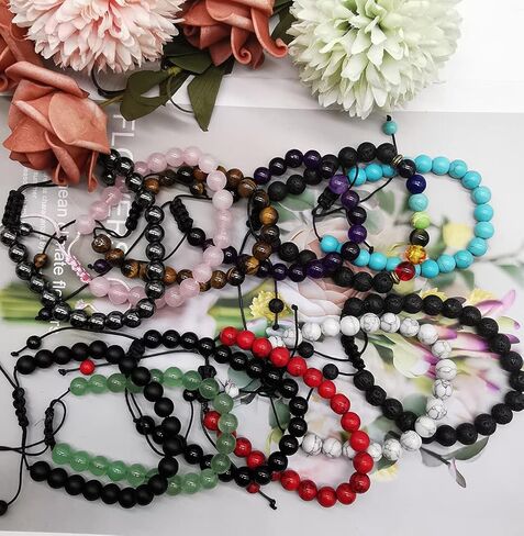 FINZOR 12Pcs 8mm Healing Stone Beads Bracelets for Women Men Semi-precious Gemstone Crystal Beaded Bracelets Lava Rock Tiger Eye Amethyst Chakra Bracelets Unisex Adjustable in Kuwait