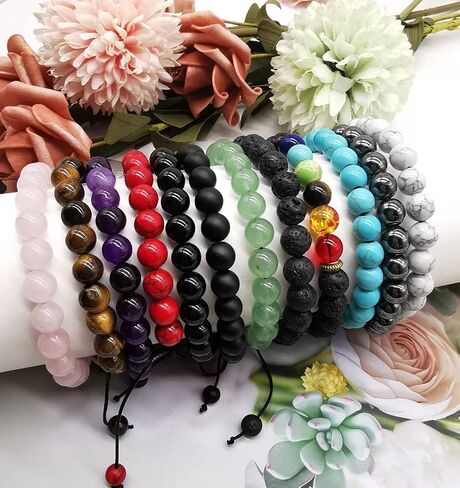 FINZOR 12Pcs 8mm Healing Stone Beads Bracelets for Women Men Semi-precious Gemstone Crystal Beaded Bracelets Lava Rock Tiger Eye Amethyst Chakra Bracelets Unisex Adjustable in Kuwait