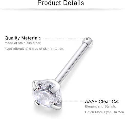 Cisyozi 18G 20G 22G Nose Rings Studs Surgical Steel Nose Stud Set 1.5mm 2mm 2.5mm 3mm Diamond Cubic Zirconia Opal Screw L Shaped Straight Nose Piercing Jewelry for Women Men in Saudi Arabia