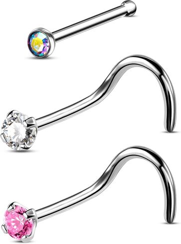 COCHARM G23 مسمار الأنف التيتانيوم 20 جرام حلقات الأنف المسمار على شكل S 2 مم الماس مكعب زركونيا الأنف ثقب المجوهرات 20 مقياس مسمار المفتاح الأنف in Kuwait