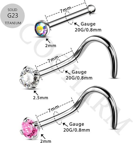 COCHARM G23 مسمار الأنف التيتانيوم 20 جرام حلقات الأنف المسمار على شكل S 2 مم الماس مكعب زركونيا الأنف ثقب المجوهرات 20 مقياس مسمار المفتاح الأنف in Kuwait