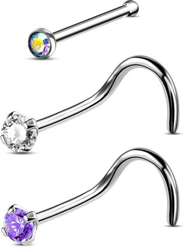 COCHARM G23 مسمار الأنف التيتانيوم 20 جرام حلقات الأنف المسمار على شكل S 2 مم الماس مكعب زركونيا الأنف ثقب المجوهرات 20 مقياس مسمار المفتاح الأنف in Kuwait