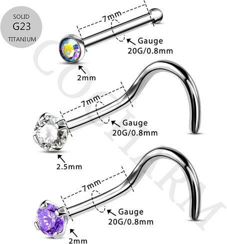 COCHARM G23 مسمار الأنف التيتانيوم 20 جرام حلقات الأنف المسمار على شكل S 2 مم الماس مكعب زركونيا الأنف ثقب المجوهرات 20 مقياس مسمار المفتاح الأنف in Kuwait
