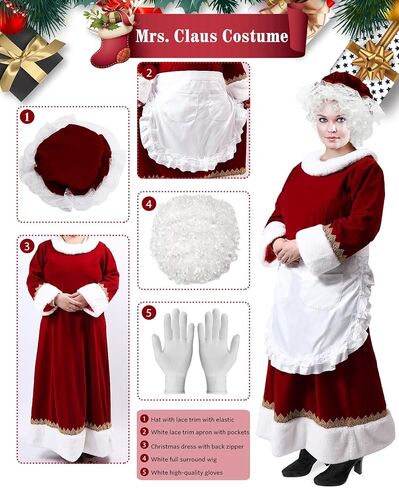زي PrettyQueen Mrs. Claus للنساء، زي سانتا كلوز 5 قطع، فستان سانتا كلوز للبالغين، زي سانتا كلوز لعيد الميلاد in Kuwait