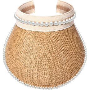 أقنعة NLCAC للنساء من قش اللؤلؤ قبعة صيفية بحافة واسعة للحماية من الشمس قبعة للشاطئ وإكسسوارات السفر in Kuwait