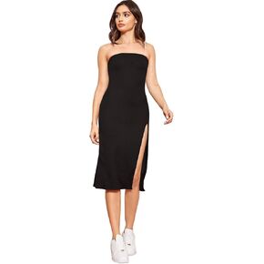Floerns Women's Solid Strapless Bandeau Tube Split Thigh Bodycon Midi Dress