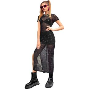 Verdusa Women's Split Thigh Sheer Mesh Short Sleeve Long Bodycon Dress in Saudi Arabia