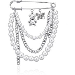 Silver Butterfly Pearl Safety Chain Brooch Pins for Women, Yin Yang Brooch Pins Sweater Shawl Clips Collar Brooch Tassel Chain Men's Suit Label Pins