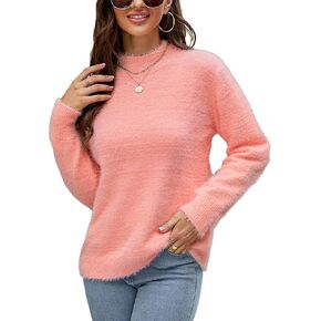 HOCOSIT المرأة غامض كم طويل Crewneck لطيف محبوك سترة بلوزة كاجوال عيد الميلاد البلوز فو المنك القمم in Kuwait