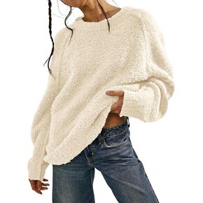 Beaully Women's Oversized Long Sleeve Crewneck Fuzzy Knit Warm Sweaters 2023 Fall Side Slit Pullover Sweater Tops