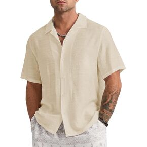 Mens Linen Button Down Shirts Short Sleeve Basic Cuban Regular Fit Wedding Summer Beach Tops