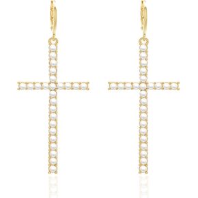 Fashion Rhinestone Pearl Cross Huggie Earrings,Gold Silver Zircon Crystal Geometric Cross Dangle Earrings Jewelry for Women Girls Gifts