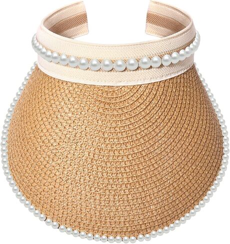 أقنعة NLCAC للنساء من قش اللؤلؤ قبعة صيفية بحافة واسعة للحماية من الشمس قبعة للشاطئ وإكسسوارات السفر in Kuwait