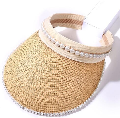 أقنعة NLCAC للنساء من قش اللؤلؤ قبعة صيفية بحافة واسعة للحماية من الشمس قبعة للشاطئ وإكسسوارات السفر in Kuwait