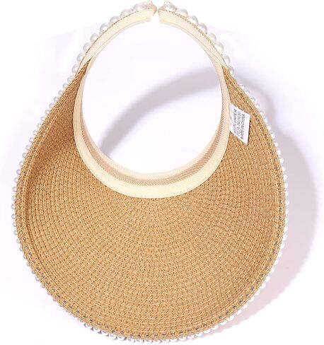 أقنعة NLCAC للنساء من قش اللؤلؤ قبعة صيفية بحافة واسعة للحماية من الشمس قبعة للشاطئ وإكسسوارات السفر in Kuwait