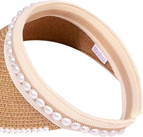 أقنعة NLCAC للنساء من قش اللؤلؤ قبعة صيفية بحافة واسعة للحماية من الشمس قبعة للشاطئ وإكسسوارات السفر in Kuwait