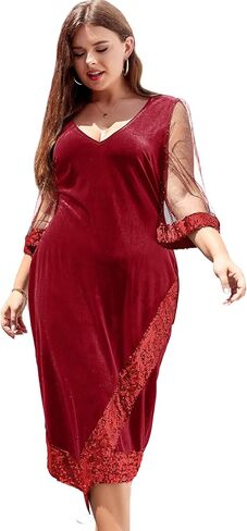 LALAGEN إمرأة حجم كبير فساتين متوسطة الطول مخملية ترتر رقبة على شكل V 3/4 كم سبليت التفاف كوكتيل حفل زفاف الضيوف فستان 1X-5X in Kuwait