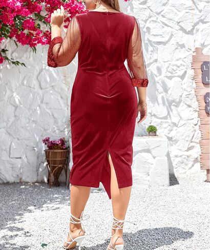 LALAGEN إمرأة حجم كبير فساتين متوسطة الطول مخملية ترتر رقبة على شكل V 3/4 كم سبليت التفاف كوكتيل حفل زفاف الضيوف فستان 1X-5X in Kuwait