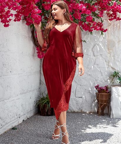 LALAGEN إمرأة حجم كبير فساتين متوسطة الطول مخملية ترتر رقبة على شكل V 3/4 كم سبليت التفاف كوكتيل حفل زفاف الضيوف فستان 1X-5X in Kuwait