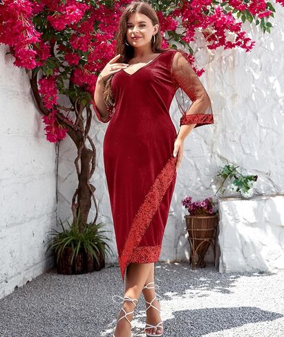 LALAGEN إمرأة حجم كبير فساتين متوسطة الطول مخملية ترتر رقبة على شكل V 3/4 كم سبليت التفاف كوكتيل حفل زفاف الضيوف فستان 1X-5X in Kuwait