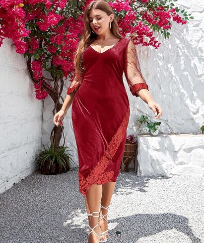 LALAGEN إمرأة حجم كبير فساتين متوسطة الطول مخملية ترتر رقبة على شكل V 3/4 كم سبليت التفاف كوكتيل حفل زفاف الضيوف فستان 1X-5X in Kuwait