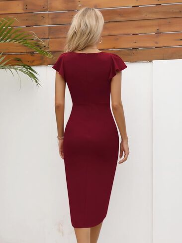 Missufe Women's Ruffle Flutter Sleeve Sweetheart Ruched Wrap Bodycon Summer Party Formal Midi Slit Dress in Saudi Arabia