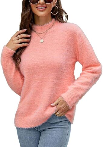 HOCOSIT المرأة غامض كم طويل Crewneck لطيف محبوك سترة بلوزة كاجوال عيد الميلاد البلوز فو المنك القمم in Kuwait