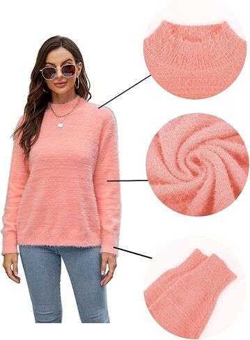 HOCOSIT المرأة غامض كم طويل Crewneck لطيف محبوك سترة بلوزة كاجوال عيد الميلاد البلوز فو المنك القمم in Kuwait