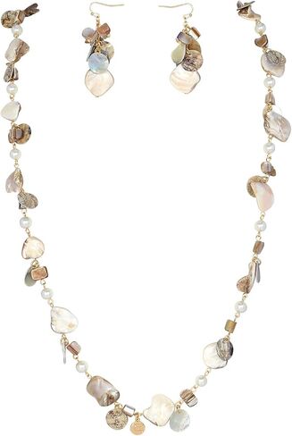 Firstmeet Long Multicolor Shell Beaded Necklace with Earrings Seashell Pendant Cultured Freshwater Pearl Handmade Boho Necklace for Women in Saudi Arabia