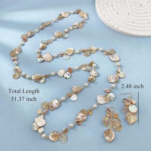 Firstmeet Long Multicolor Shell Beaded Necklace with Earrings Seashell Pendant Cultured Freshwater Pearl Handmade Boho Necklace for Women in Saudi Arabia