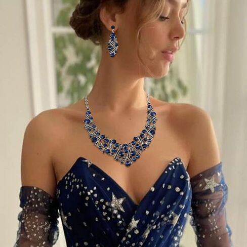 مجموعة مجوهرات الزفاف كريستال حجر الراين من Flyonce للنساء، قلادة وأقراط وسوار لحفلات الزفاف in Kuwait