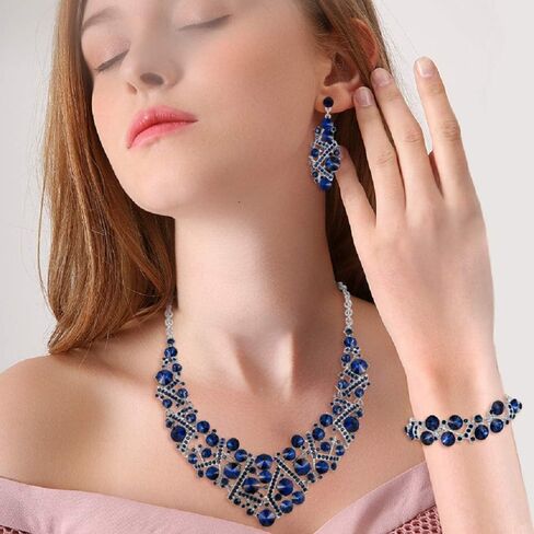 مجموعة مجوهرات الزفاف كريستال حجر الراين من Flyonce للنساء، قلادة وأقراط وسوار لحفلات الزفاف in Kuwait