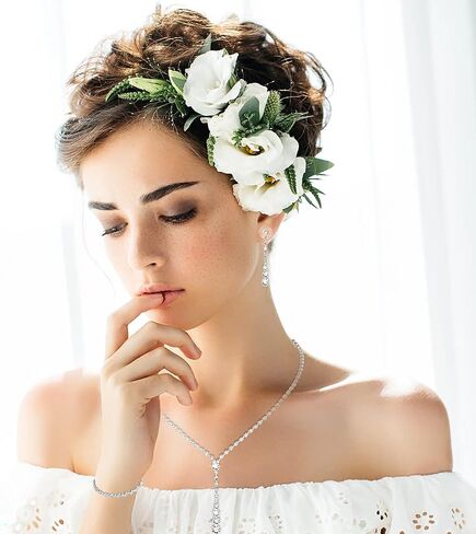 Bridal Jewelry Set Rhinestone Necklace Bracelet Dangle Earrings for Bride Bridesmaid Teardrop Pendant Crystal Wedding Prom Jewelry Accessories for Women and Girls in Saudi Arabia