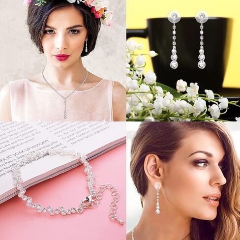 Bridal Jewelry Set Rhinestone Necklace Bracelet Dangle Earrings for Bride Bridesmaid Teardrop Pendant Crystal Wedding Prom Jewelry Accessories for Women and Girls in Saudi Arabia